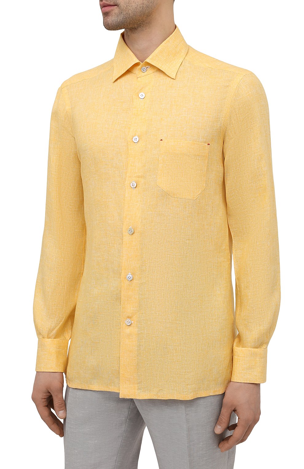 Мужская льняная рубашка KITON желтого цвета, арт. UMCNERH0768503 | Фото 3 (Манжеты: На пуговицах; Рукава: Длинные; Воротник: Акула; Случай: Повседневный; Длина (для топов): Стандартные; Рубашки М: Slim Fit; Региональные ограничения белый список (Axapta Mercury): RU; Материал внешний: Лен; Принт: Однотонные; Стили: Кэжуэл)