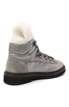 Детские кожаные ботинки с меховой отделкой BRUNELLO CUCINELLI серебряного цвета, арт. BZMICZG027 | Фото 3 (Кросс-КТ: хайкеры; Материал утеплителя: Натуральный мех; Материал сплава: Проставлено; Нос: Не проставлено)