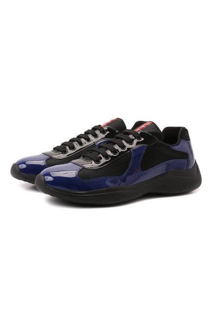Мужские комбинированные кроссовки PRADA синего цвета, арт. 4E3400-3LGP-F017C | Фото 1 (Материал внешний: Кожа; Материал утеплителя: Без утеплителя; Стили: Классический)