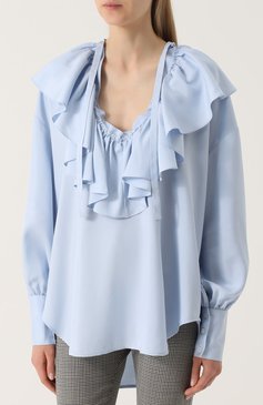 Женская шелковая блуза свободного кроя с оборками TOME голубого цвета, арт. TP17-3113 | Фото 3 (Рукава от горловины: Длинные; Материал внешний: Шелк; Рукава: Длинные; Принт: Без принта; Длина (для топов): Удлиненные; Женское Кросс-КТ: Блуза-одежда)