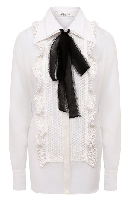 Женская шелковая блузка VALENTINO белого цвета, арт. WB0AB3051C8 | Фото 1 (Материал внешний: Шелк; Длина (для топов): Удлиненные; Рукава: Длинные; Женское Кросс-КТ: Блуза-одежда; Стили: Бохо)