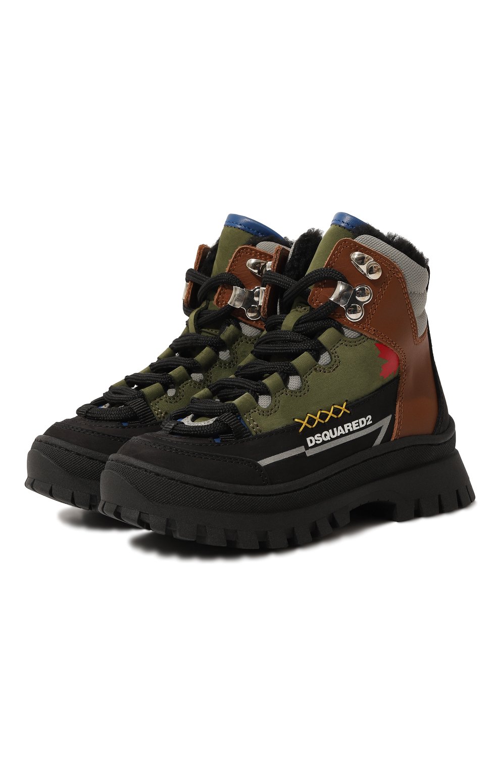 Детские кожаные ботинки DSQUARED2 хаки цвета, арт. 75661/20-27 | Фото 1 (Кросс-КТ: хайкеры; Материал сплава: Проставлено; Нос: Не проставлено; Материал внутренний: Текстиль)