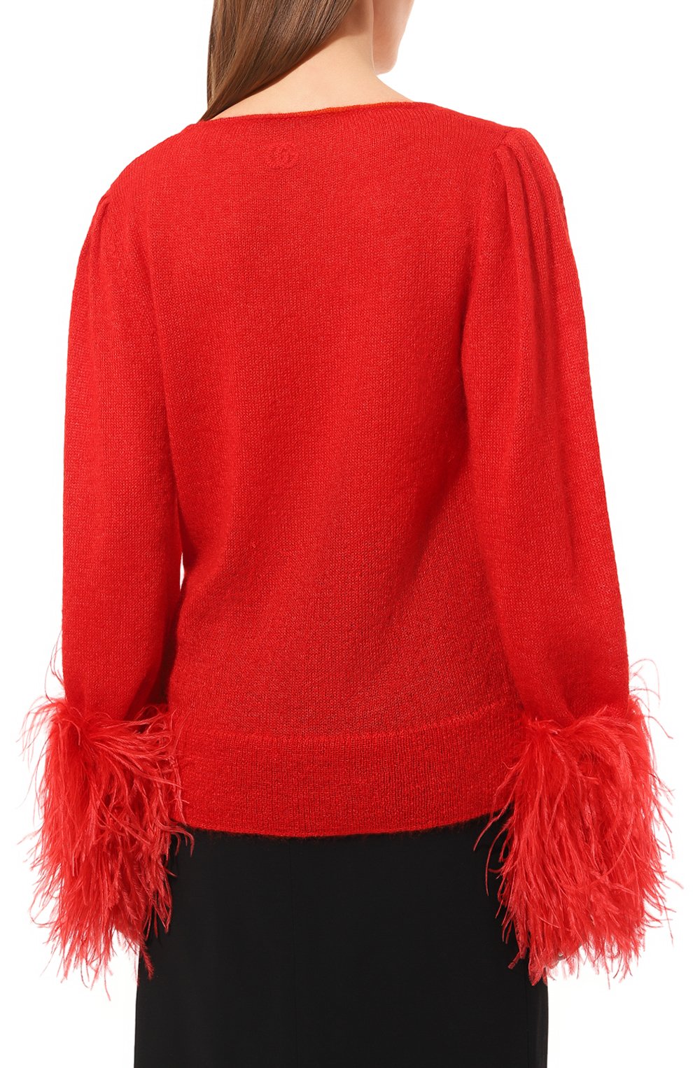 Женский пуловер GUCCI красного цвета, арт. 670624 XKB1V | Фото 4 (Материал внешний: Шерсть; Рукава: Длинные; Длина (для топов): Стандартные; Женское Кросс-КТ: Пуловер-одежда, Кардиган-одежда; Стили: Романтичный)
