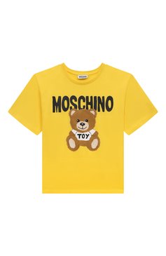 Детская хлопковая футболка MOSCHINO желтого цвета, арт. H0M03R/LAA23/4-8 | Фото 1 (Девочки Кросс-КТ: футболка-одежда; Рукава: Короткие; Материал сплава: Проставлено; Материал внешний: Хлопок; Драгоценные камни: Проставлено)