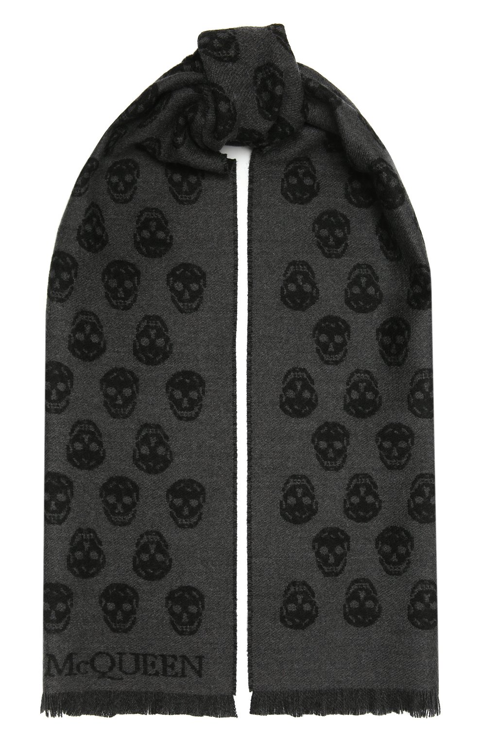 Мужской шерстяной шарф ALEXANDER MCQUEEN темно-серого цвета, арт. 624425/4200Q | Фото 1 (Мужское Кросс-КТ: Шарфы - с бахромой; Материал: Текстиль, Шерсть; Кросс-КТ: шерсть)