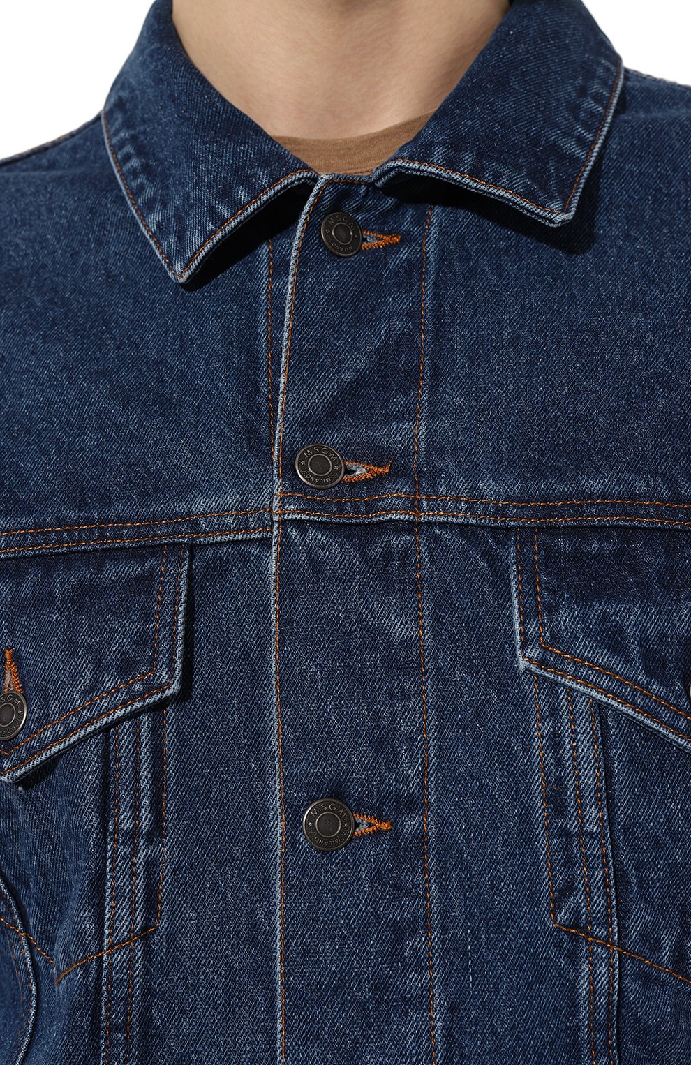 Мужская джинсовая куртка MSGM голубого цвета, арт. 3540MH234L/237593 | Фото 5 (Кросс-КТ: Куртка, Деним; Рукава: Длинные; Материал сплава: Проставлено; Материал внешний: Хлопок, Деним; Драгоценные камни: Проставлено; Длина (верхняя одежда): Короткие; Стили: Кэжуэл)