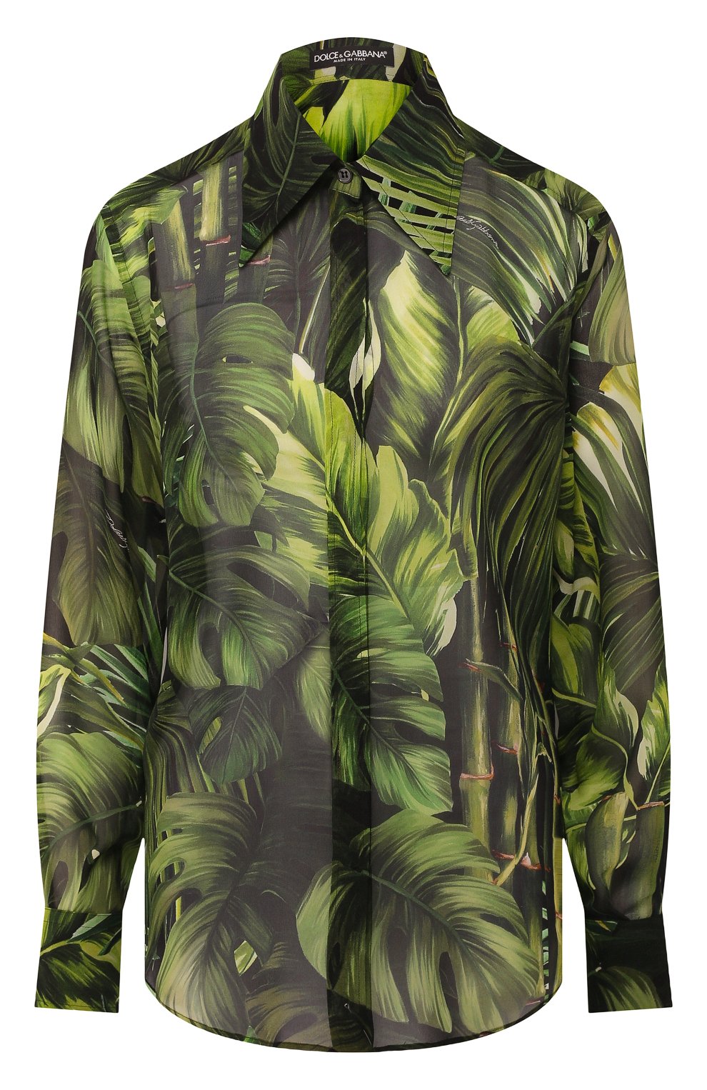 Женская шелковая рубашка DOLCE & GABBANA зеленого цвета, арт. F5N27T/IS1DK | Фото 1 (Материал внешний: Шелк; Рукава: Длинные; Стили: Гламурный; Женское Кросс-КТ: Рубашка-одежда; Длина (для топов): Стандартные; Принт: С принтом)