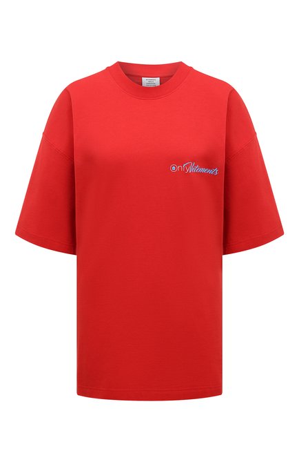 Женская хлопковая футболка VETEMENTS красного цвета, арт. UA63TR161R | Фото 1 (Материал внешний: Хлопок; Длина (для топов): Удлиненные; Стили: Спорт-шик; Принт: С принтом; Женское Кросс-КТ: Футболка-одежда; Рукава: Короткие)