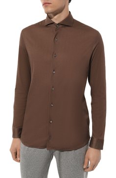 Мужская хлопковая рубашка VAN LAACK коричневого цвета, арт. PER-LSF/187550 | Фото 3 (Манжеты: На пуговицах; Рукава: Длинные; Воротник: Акула; Случай: Повседневный; Длина (для топов): Стандартные; Рубашки М: Slim Fit; Материал сплава: Проставл ено; Материал внешний: Хлопок; Принт: Однотонные; Драгоценные камни: Проставлено; Стили: Кэжуэл)