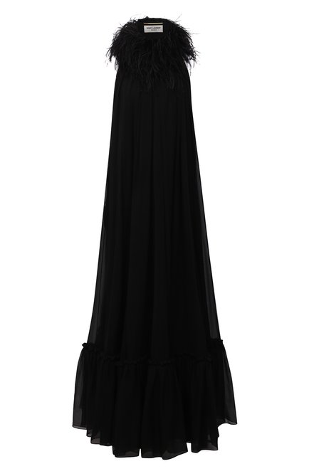 Женское шелковое платье с отделкой перьями SAINT LAURENT черного цвета по цене 599500 руб., арт. 646828/Y115W | Фото 1