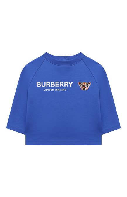 Детский хлопковая футболка BURBERRY синего цвета, арт. 8042936 | Фото 1 (Материал внешний: Хлопок; Рукава: Длинные; Ростовка одежда: 12 мес | 80 см, 18 мес | 86 см, 24 мес | 92 см, 6 мес | 68 см)
