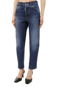 Женские джинсы DSQUARED2 синего цвета, арт. S73LA0289/S30819 | Фото 3 (Кросс-КТ: Деним; Силуэт Ж (брюки и джинсы): Прямые; Материал сплава: Проставлено; Материал внешний: Хлопок, Деним; Детали: Потертости; Драгоценные камни: Проставлено; Длина (брюки, джинсы): Укороченные; Стили: Кэжуэл)