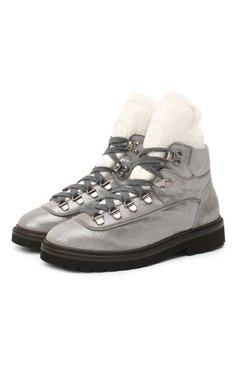 Детские кожаные ботинки с меховой отделкой BRUNELLO CUCINELLI серебряного цвета, арт. BZMICZG027 | Фото 1 (Кросс-КТ: хайкеры; Материал утеплителя: Натуральный мех; Материал сплава: Проставлено; Нос: Не проставлено)