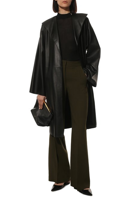 Женское кожаное пальто LOEWE черного цвета, арт. S359Y18L10 | Фото 2 (Длина (верхняя одежда): До колена; Рукава: Длинные; Стили: Гламурный; Материал внешний: Натуральная кожа; 1-2-бортные: Однобортные)