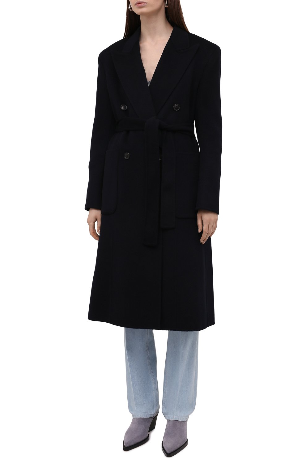 Женское пальто из шерсти и кашемира LOW CLASSIC синего цвета, арт. L0W21FW_CT11NV | Фото 3 (Материал внешний: Шерсть; Рукава: Длинные; Стили: Классический; Длина (верхняя одежда): Длинные; 1-2-бортные: Двубортные)