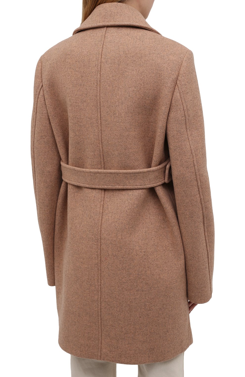 Женское шерстяное пальто JIL SANDER бежевого цвета, арт. JSWT415124-WT200100 | Фото 4 (Материал внешний: Шерсть; Рукава: Длинные; Длина (верхняя одежда): До середины бедра; Материал подклада: Вискоза; Стили: Минимализм; 1-2-бортные: Двубортные)