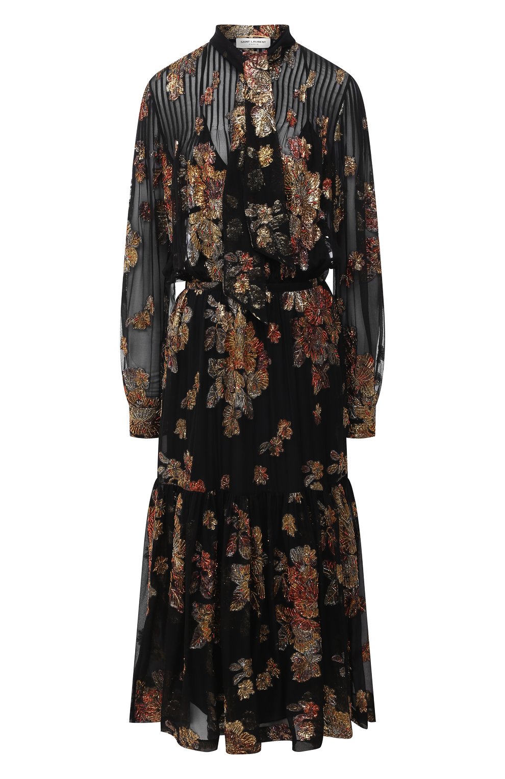 Женское платье-миди SAINT LAURENT черного цвета, арт. 624431/Y115W | Фото 1 (Материал внешний: Шелк, Синтетический материал; Рукава: Длинные; Случай: Вечерний; Материал сплава: Проставлено; Длина Ж (юбки, платья, шорты): Миди; Драгоценные камни: Проставлено; Материал подклада: Шелк; Женское Кросс-КТ: Платье-одежда)