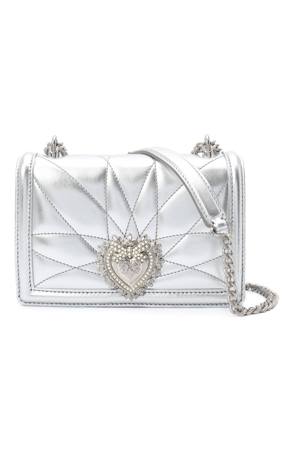 Женская сумка devotion mini DOLCE & GABBANA серебряного цвета, арт. BB6880/AK772 | Фото 6 (Женское Кросс-КТ: Вечерняя сумка; Сумки-технические: Сумки через плечо; Материал: Натуральная кожа; Размер: mini; Ремень/цепочка: На ремешке)