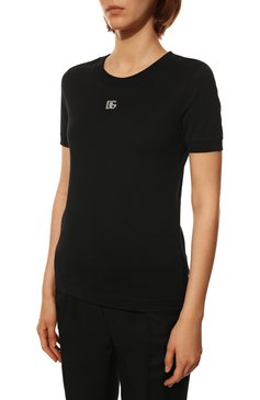 Женская хлопковая футболка DOLCE & GABBANA черного цвета, арт. F8N08Z/G7B3U | Фото 3 (Принт: Без принта; Рукава: Короткие; Длина (для топов): Стандартные; Материал сплава: Проставлено; Материал внешний: Хлопок; Женское Кросс-КТ: Футболка-одежда; Драгоценные камни: Проставлено; Стили: Романтичный)