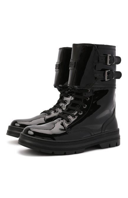 Детские кожаные ботинки DOLCE & GABBANA черного цвета, арт. D11014/A0554/29-36 | Фото 1 (Материал утеплителя: Натуральный мех; Материал внешний: Кожа)
