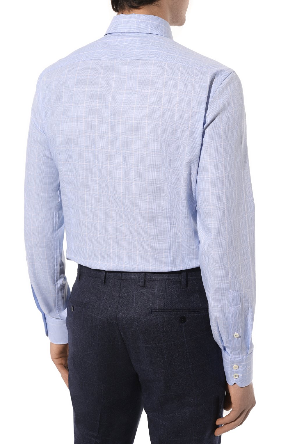 Мужская хлопковая сорочка VAN LAACK голубого цвета, арт. T-RALI0-SF/151345 | Фото 5 (Манжеты: На пуговицах; Принт: Клетка; Рукава: Длинные; Воротник: Акула; Длина (для топов): Стандартные; Рубашки М: Slim Fit; Материал сплава: Проставлено; Материал внешний: Хлопок; Стили: Классический; Случай: Формальный; Драгоценные камни: Проставлено)