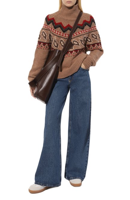 Женский шерстяной свитер ALANUI коричневого цвета, арт. LWHF001F23KNI0016484 | Фото 2 (Материал сплава: Проставлено; Длина (для топов): Стандартные; Рукава: Длинные; Драгоценные камни: Проставлено; Материал внешний: Шерсть)