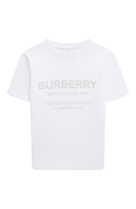 Детская хлопковая футболка BURBERRY белого цвета, арт. 8051431 | Фото 1 (Рукава: Короткие; Материал внешний: Хлопок; Мальчики Кросс-КТ: Футболка-одежда; Мальчики-школьная форма: Футболки)