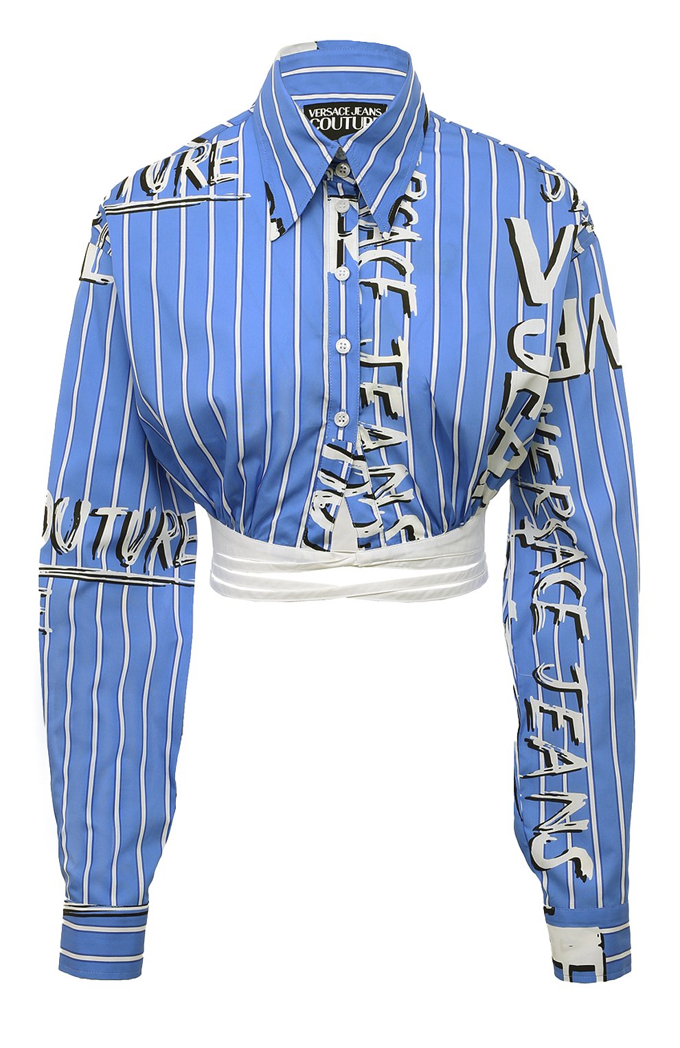 Женская хлопковая рубашка VERSACE JEANS COUTURE голубого цвета, арт. 74HAL215/NS201 | Фото 1 (Рукава: Длинные; Принт: Полоска; Женское Кросс-КТ: Рубашка-одежда; Материал сплава: Проставлено; Материал внешний: Хлопок; Драгоценные камни: Проставлено; Длина (для топов): Укороченные; Стили: Кэжуэл)