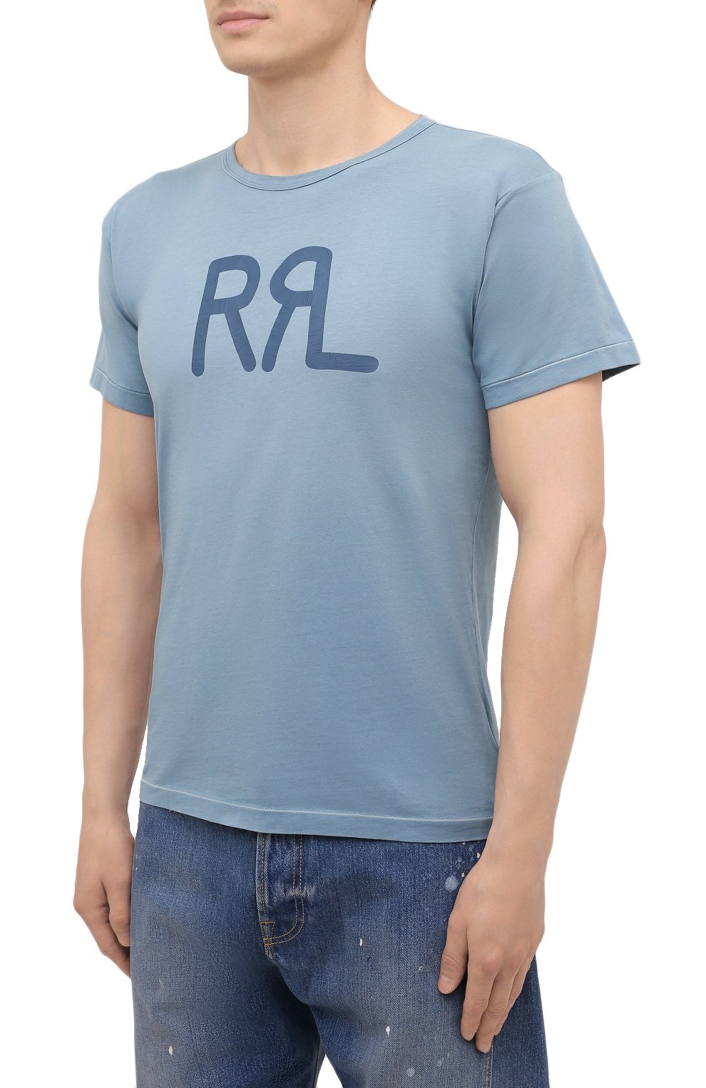 Мужская хлопковая футболка RRL голубого цвета, арт. 782813037 | Фото 3 (Рукава: Короткие; Длина (для топов): Стандартные; Принт: С принтом; Региональные ограничения белый список (Axapta Mercury): RU; Материал внешний: Хлопок; Стили: Кэжуэл)