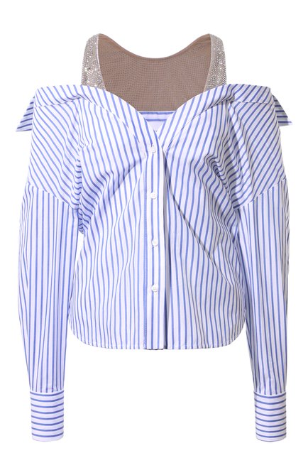 Женская хлопковая рубашка GIUSEPPE DI MORABITO голубого цвета, арт. 02PST0221C 02280 | Фото 1 (Длина (для топов): Стандартные; Драгоценные камни: Проставлено; Материал сплава: Проставлено; Рукава: Длинные; Материал внешний: Хлопок)