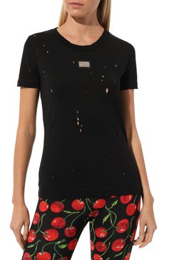 Женская хлопковая футболка DOLCE & GABBANA черного цвета, арт. F8T00T/G7H4U | Фото 3 (Принт: Без принта; Рукава: Короткие; Длина (для топов): Стандартные; Материал сплава: Проставлено; Материал внешний: Хлопок; Стили: Спорт-шик; Женское Кросс-КТ: Футболка-одежда; Драгоценные камни: Проставлено)