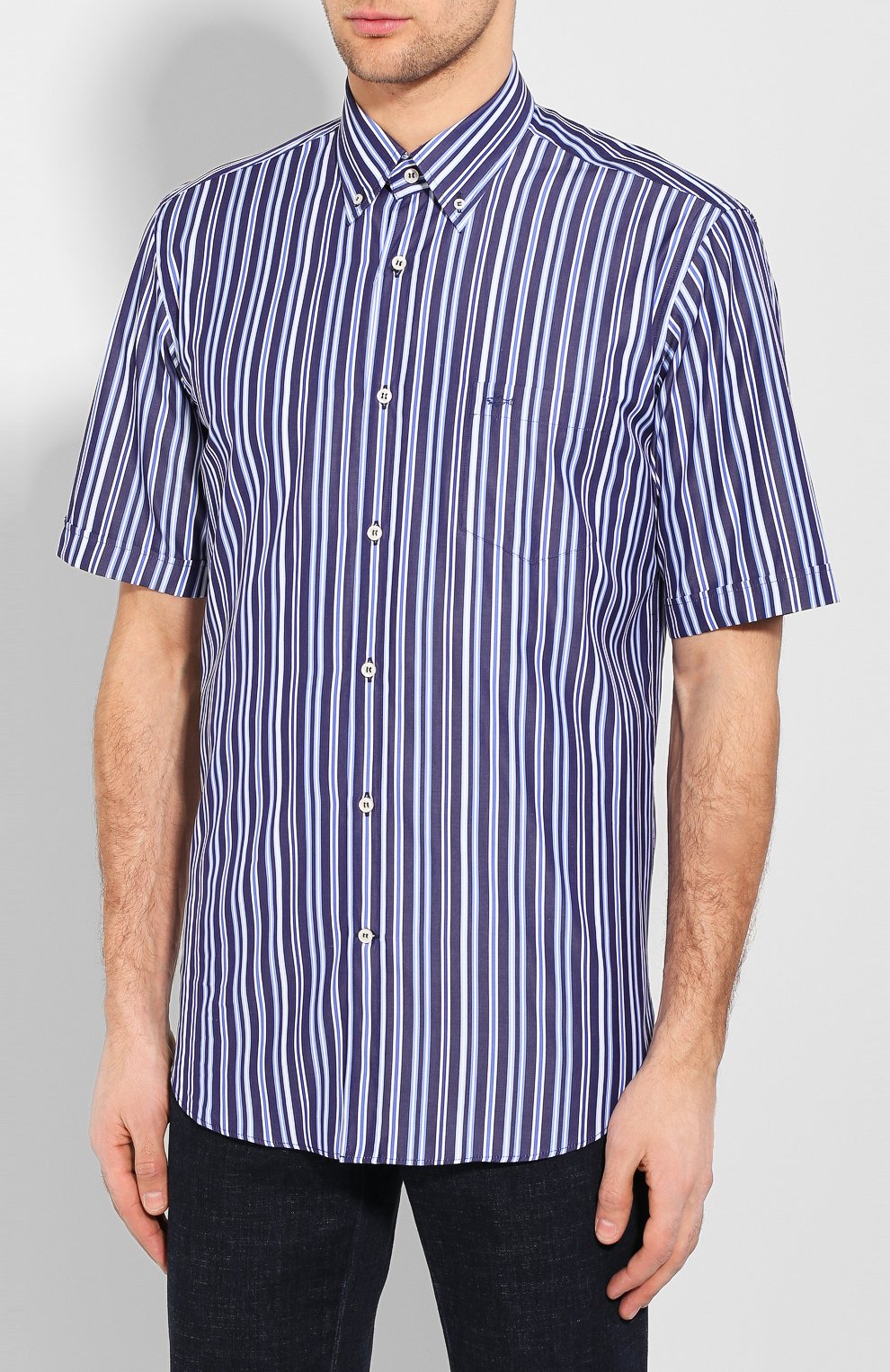 Мужская хлопковая рубашка PAUL&SHARK синего цвета, арт. E20P3227 | Фото 3 (Воротник: Button down; Рукава: Короткие; Случай: Повседневный; Принт: Полоска; Длина (для топов): Стандартные; Материал внешний: Хлопок; Мужское Кросс-КТ: Рубашка-одежда)