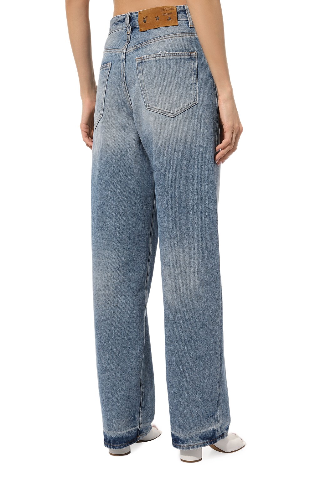 Женские джинсы OFF-WHITE синего цвета, арт. OWYA033C99DEN0054501 | Фото 4 (Длина (брюки, джинсы): Удлиненные; Силуэт Ж (брюки и джинсы): Широкие; Кросс-КТ: Деним; Стили: Гранж; Материал сплава: Проставлено; Материал внешний: Хлопок, Деним; Драгоценные камни: Проставлено)