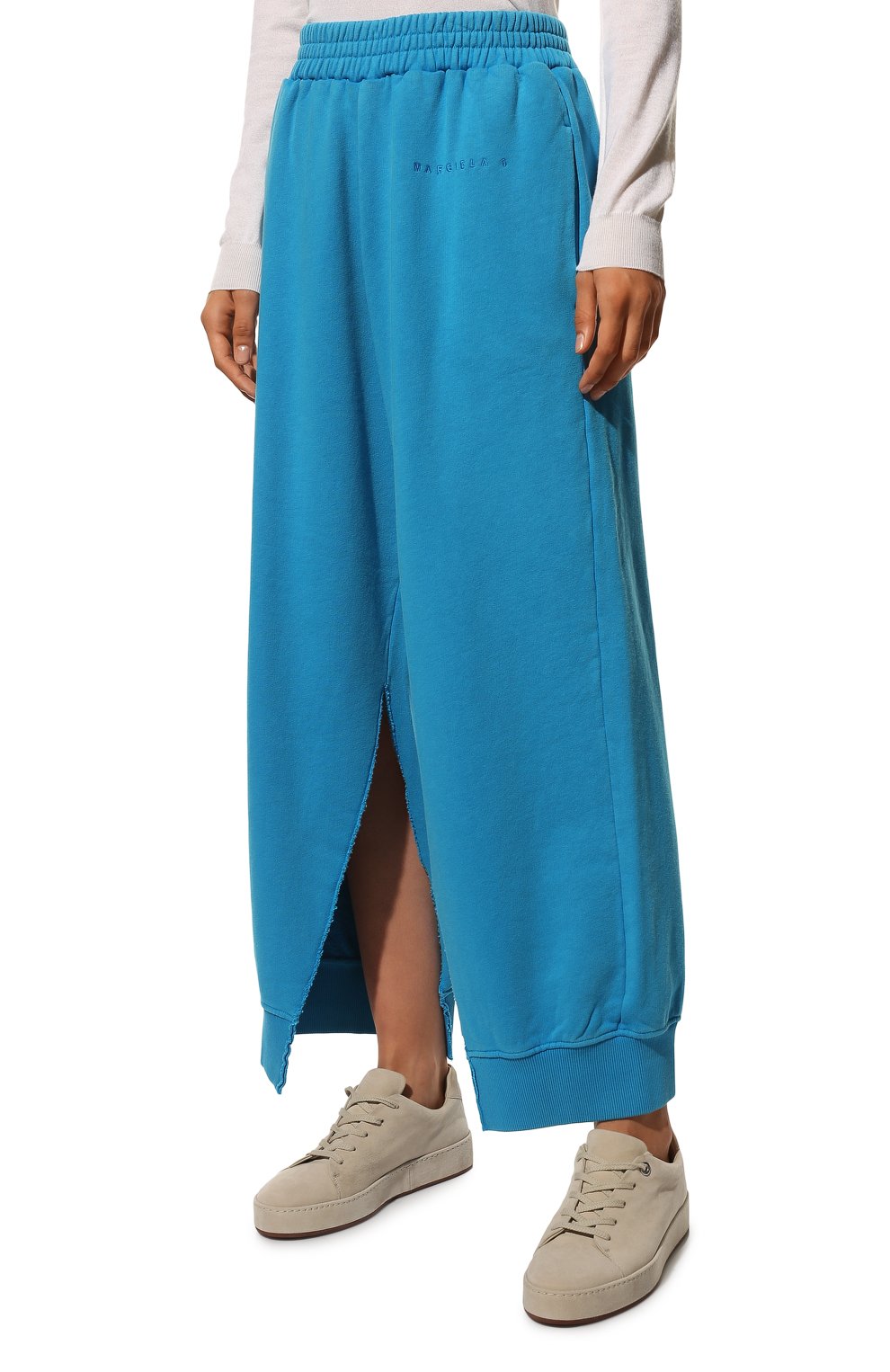 Женские хлопковые брюки MM6 синего цвета, арт. S52KA0376/S25537 | Фото 3 (Силуэт Ж (брюки и джинсы): Широкие; Длина (брюки, джинсы): Стандартные; Женское Кросс-КТ: Брюки-одежда; Материал внешний: Хлопок; Стили: Спорт-шик)