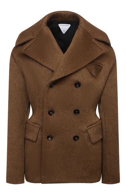 Женское пальто BOTTEGA VENETA коричневого цвета, арт. 666490/V0XS0 | Фото 1 (Длина (верхняя одежда): Короткие; Материал внешний: Шерсть; Рукава: Длинные; Материал подклада: Вискоза; Стили: Гламурный; 1-2-бортные: Двубортные)