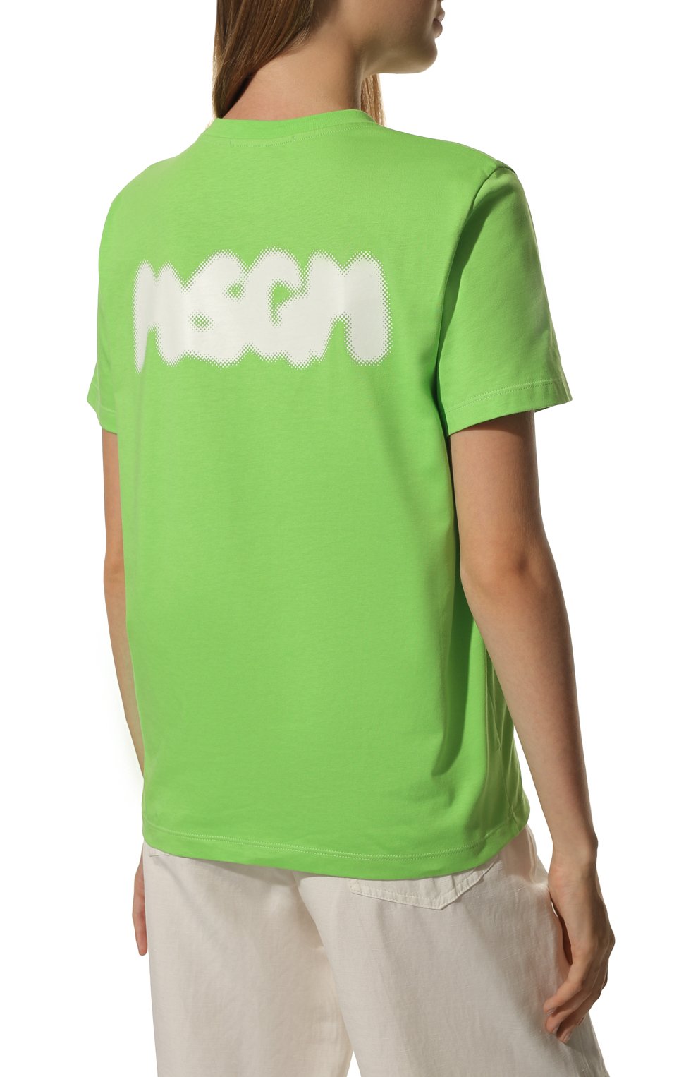 Женская хлопковая футболка MSGM салат�ового цвета, арт. 3341MDM185 227798 | Фото 4 (Принт: Без принта; Рукава: Короткие; Длина (для топов): Стандартные; Материал внешний: Хлопок; Стили: Спорт-шик; Женское Кросс-КТ: Футболка-одежда)
