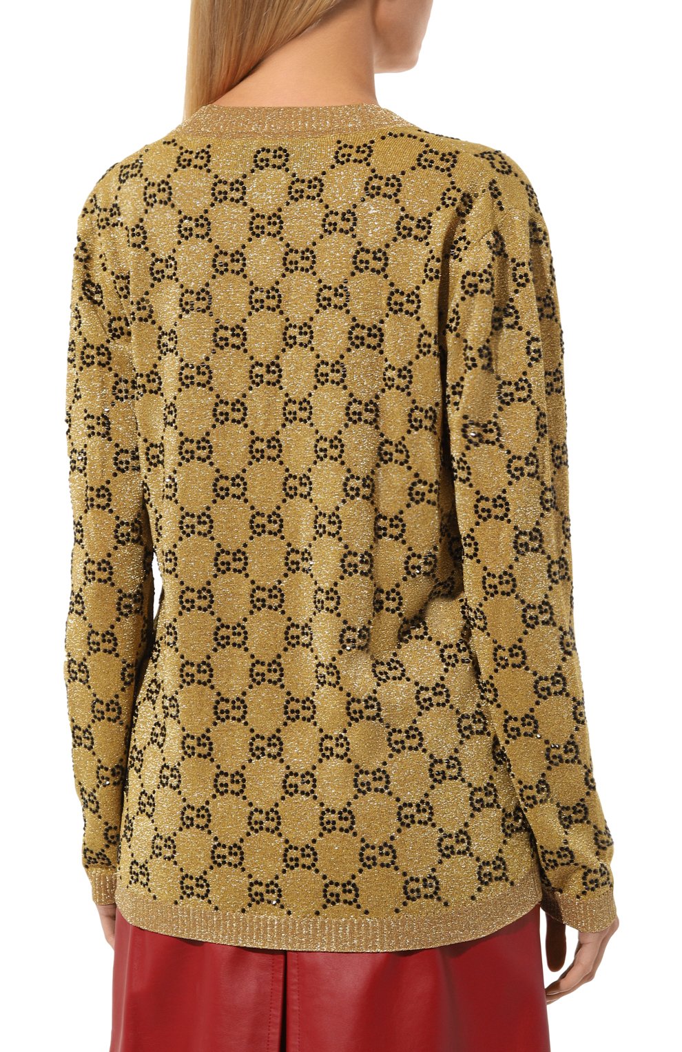 Женский кардиган GUCCI золотого цвета, арт. 555043 XKAHX | Фото 4 (Материал внешний: Шерсть; Рукава: Длинные; Длина (для топов): Стандартные; Женское Кросс-КТ: кардиган-трикотаж; Стили: Кэжуэл)