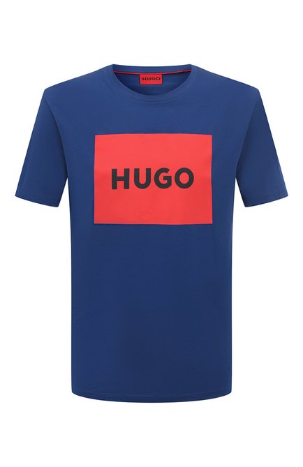 Мужская хлопковая футболка HUGO синего цвета, арт. 50467952 | Фото 1 (Материал сплава: Проставлено; Драгоценные камни: Проставлено; Рукава: Короткие; Длина (для топов): Стандартные; Материал внешний: Хлопок; Стили: Кэжуэл; Принт: С принтом)