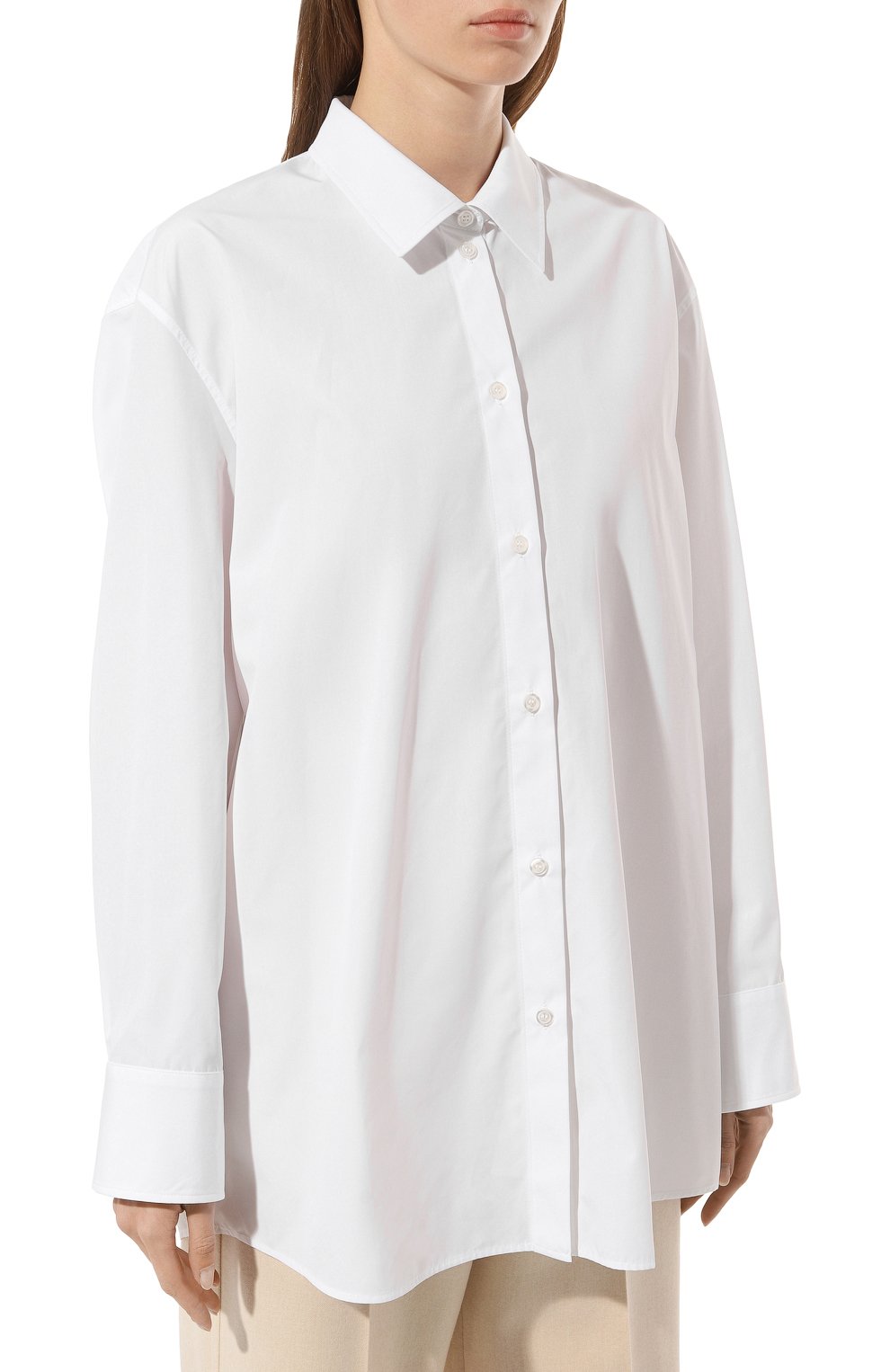 Женская рубашка NINA RICCI белого цвета, арт. 99ICT0038PL0333 | Фото 3 (Рукава: Длинные; Принт: Без принта; Женское Кросс-КТ: Рубашка-одежда; Материал внешний: Синтетический материал, Хлопок; Длина (для топов): Удлиненные; Материал сплава: Проставлено; Драгоценные камни: Проставлено; Стили: Кэжуэл)
