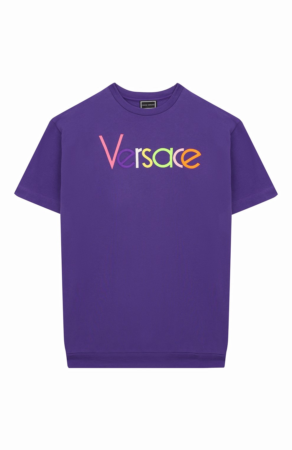 Детское хлопковое мини-платье VERSACE фиолетового цвета, арт. YVFAB454/YFE130/M-L | Фото 1 (Рукава: Короткие; Случай: Повседневный; Принт: С принтом; Материал внешний: Хлопок; Девочки Кросс-КТ: Платье-одежда; Статус проверки: Проверена категория)