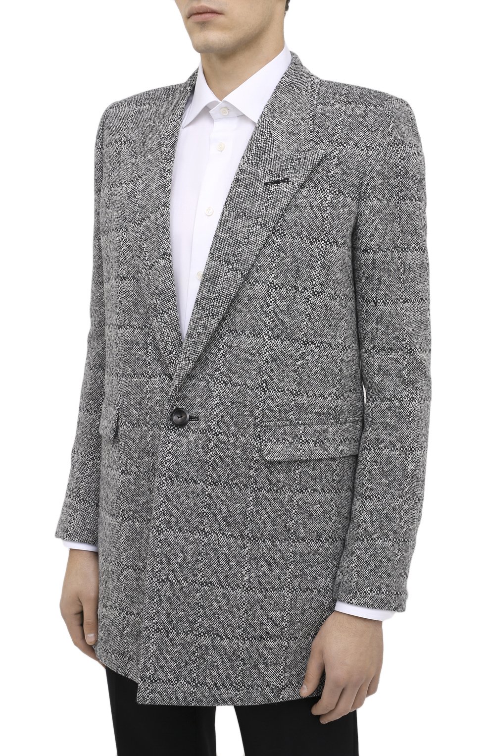Мужской пальто SAINT LAURENT серого цвета, арт. 626703/Y1B11 | Фото 4 (Материал внешний: Шерсть, Синтетический материал; Рукава: Длинные; Длина (верхняя одежда): До середины бедра; Материал сплава: Проставлено; Стили: Классический; Мужское Кросс-КТ: Верхняя одежда, пальто-верхняя одежда; Драгоценные камни: Проставлено; Материал подклада: Купро)