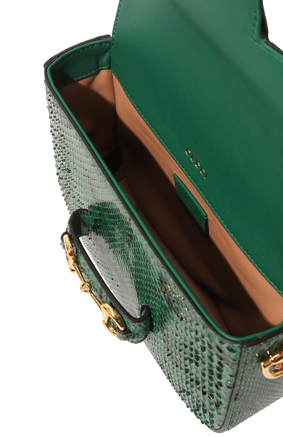 Женская сумка 1955 horsebit mini из кожи питона GUCCI зеленого цвета, арт. 658574 LU3BG | Фото 5 (Сумки-технические: Сумки через плечо; Материал: Экзотическая кожа, Натуральная кожа; Размер: mini; Ремень/цепочка: На ремешке)