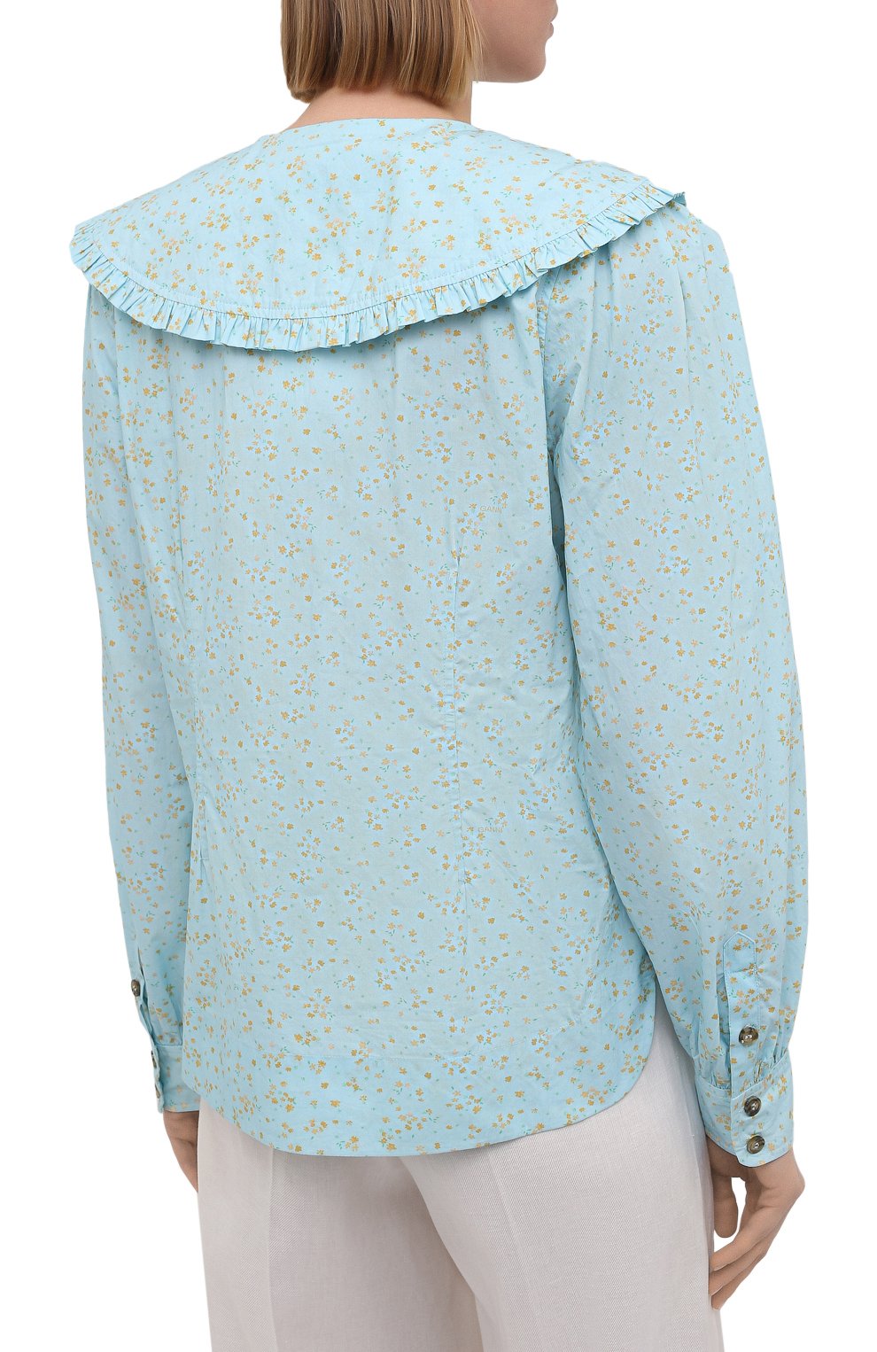 Женская хлопковая блузка GANNI голубого цвета, арт. F5911 | Фото 4 (Принт: С принтом, Без принта; Рукава: Длинные; Длина (для топов): Стандартные; Материал внешни й: Хлопок; Стили: Бохо; Женское Кросс-КТ: Блуза-одежда)