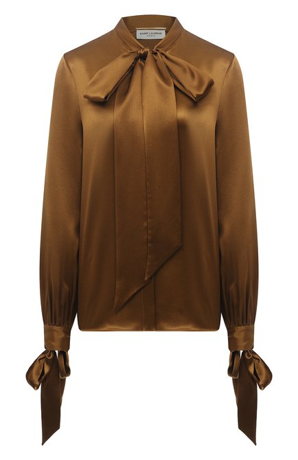 Женская шелковая блузка SAINT LAURENT коричневого цвета, арт. 640877/Y001W | Фото 1 (Длина (для топов): Стандартные; Материал внешний: Шелк; Рукава: Длинные; Стили: Романтичный; Женское Кросс-КТ: Блуза-одежда; Принт: Без принта; Региональные ограничения белый список (Axapta Mercury): RU)