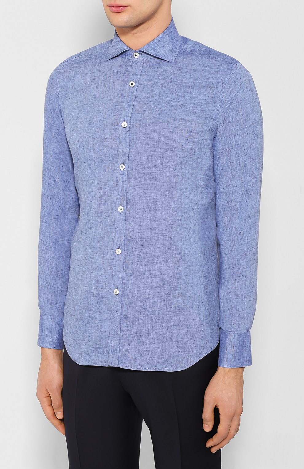 Мужская льняная рубашка CANALI голубого цвета, арт. L7B1/GH01122 | Фото 3 (Манжеты: На пуговицах; Рукава: Длинные; Воротник: Акула; Случай: Повседневный; Длина (для топов): Стандартные; Материал внешний: Лен; Принт: Однотонные; Мужское Кросс-КТ: Рубашка-одежда)