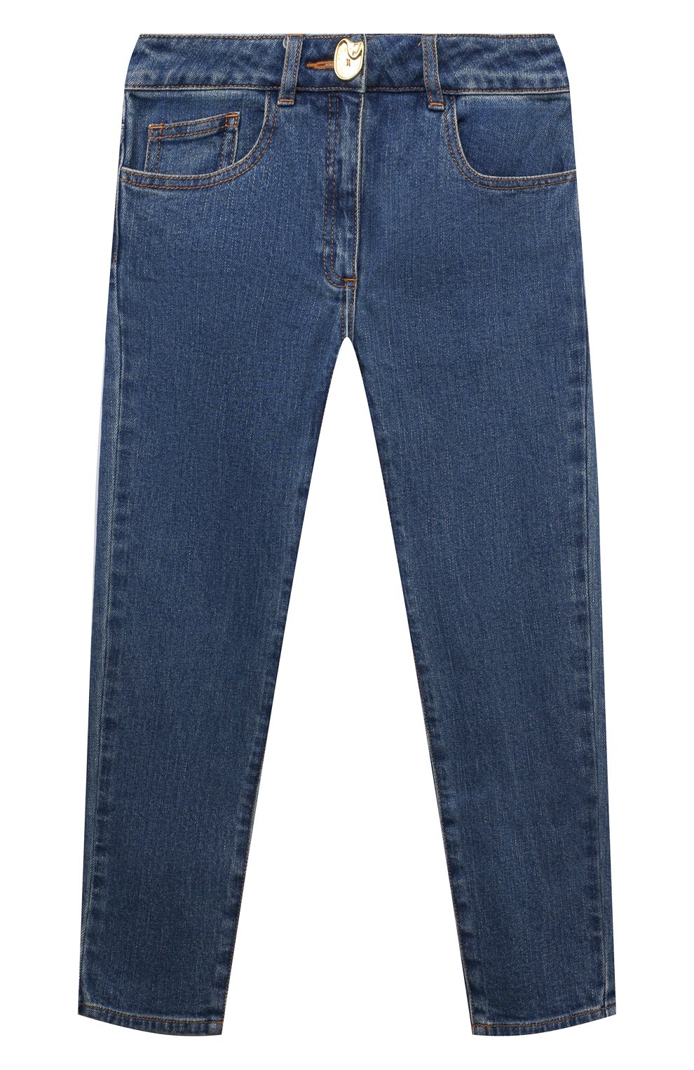Детские джинсы MOSCHINO синего цвета, арт. HDP05I/N0Z83/10A-14A | Фото 1 (Детали: Однотонный; Материал сплава: Проставлено; Нос: Не проставлено; Материал внешний: Хлопок)