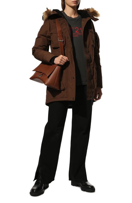 Женская пуховик с накладными карманами и меховой отделкой ARCTIC EXPLORER коричневого цвета, арт. UMI_CACAO | Фото 2 (Рукава: Длинные; Материал внешний: Пух и перо, Натуральная кожа; Длина (верхняя одежда): До середины бедра; Кросс-КТ: Куртка)