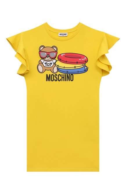 Детское хлопковое платье MOSCHINO желтого цвета, арт. HDV0BG/LBA10/10A-14A | Фото 1 (Рукава: Короткие; Материал внешний: Хлопок; Девочки Кросс-КТ: Платье-одежда; Случай: Повседневный; Ростовка одежда: 10 - 11 лет | 140 - 146см, 12 лет | 152 см)