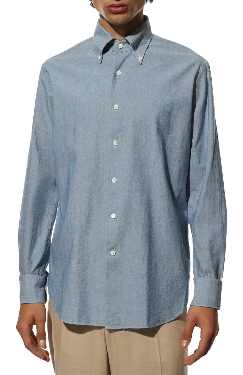 Мужская хлопковая рубашка ALESSANDRO GHERARDI серо-голубого цвета, арт. BP1L-3G-7T/10AC | Фото 3 (Манжеты: На пуговицах; Рукава: Длинные; Рубашки М: Regular Fit; Случай: Повседневный; Длина (для топов): Стандартные; Материал внешний: Хлопок; Принт: Однотонные; Стили: Кэжуэл)