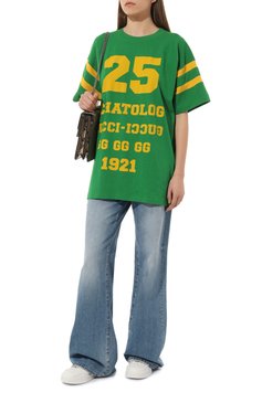 Женская хлопковая футболка GUCCI зеленого цвета, арт. 660744 XJDHG | Фото 2 (Рукава: Короткие; Принт: С принтом; Длина (для топов): Удлиненные; Материал внешний: Хлопок; Стили: Спорт-шик; Женское Кросс-КТ: Футболка-одежда; Тематический товар: Disney)